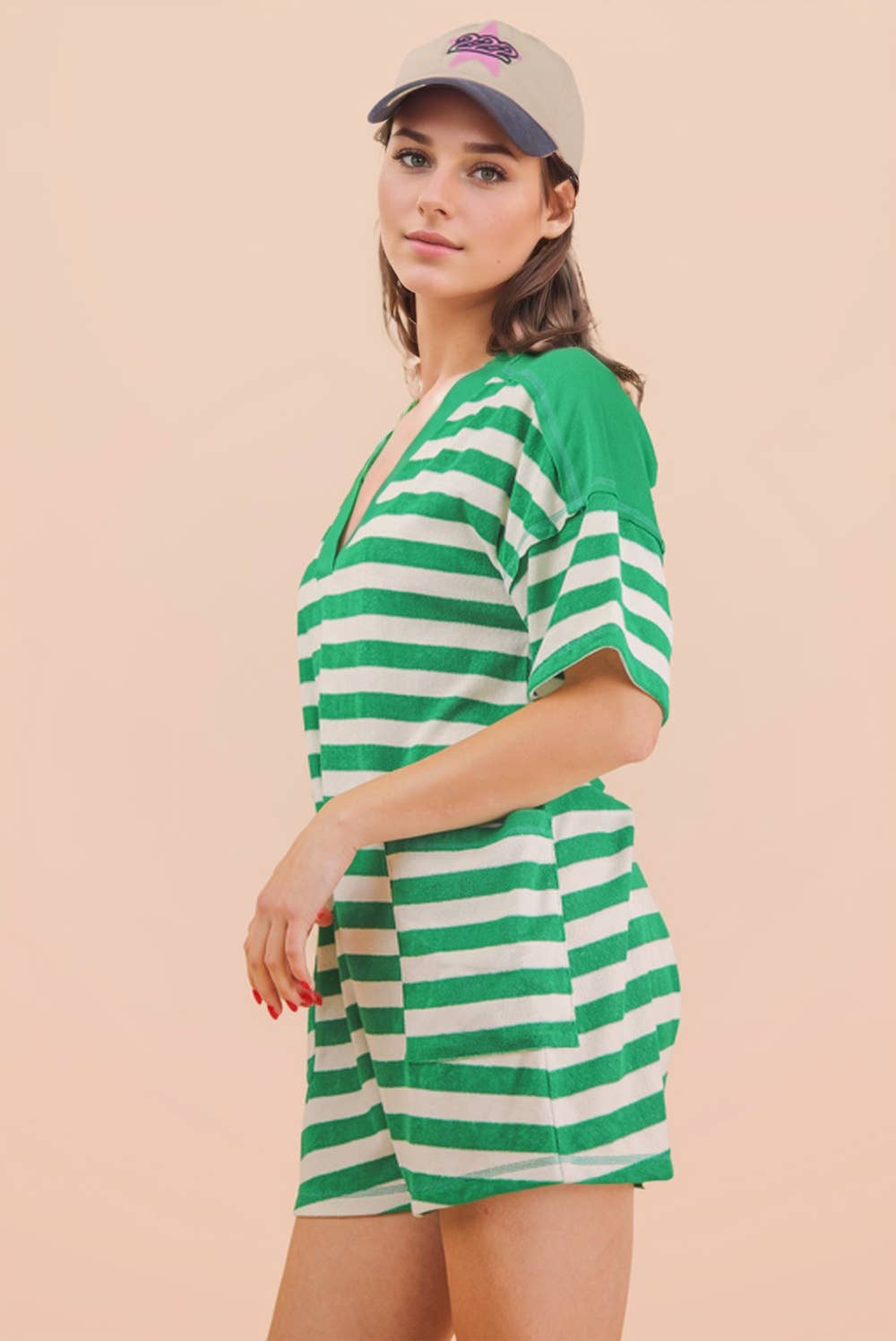 NP70994-Stripe Casual Knit Romper: LEMON/TAUPE / S-M-L/2-2-2