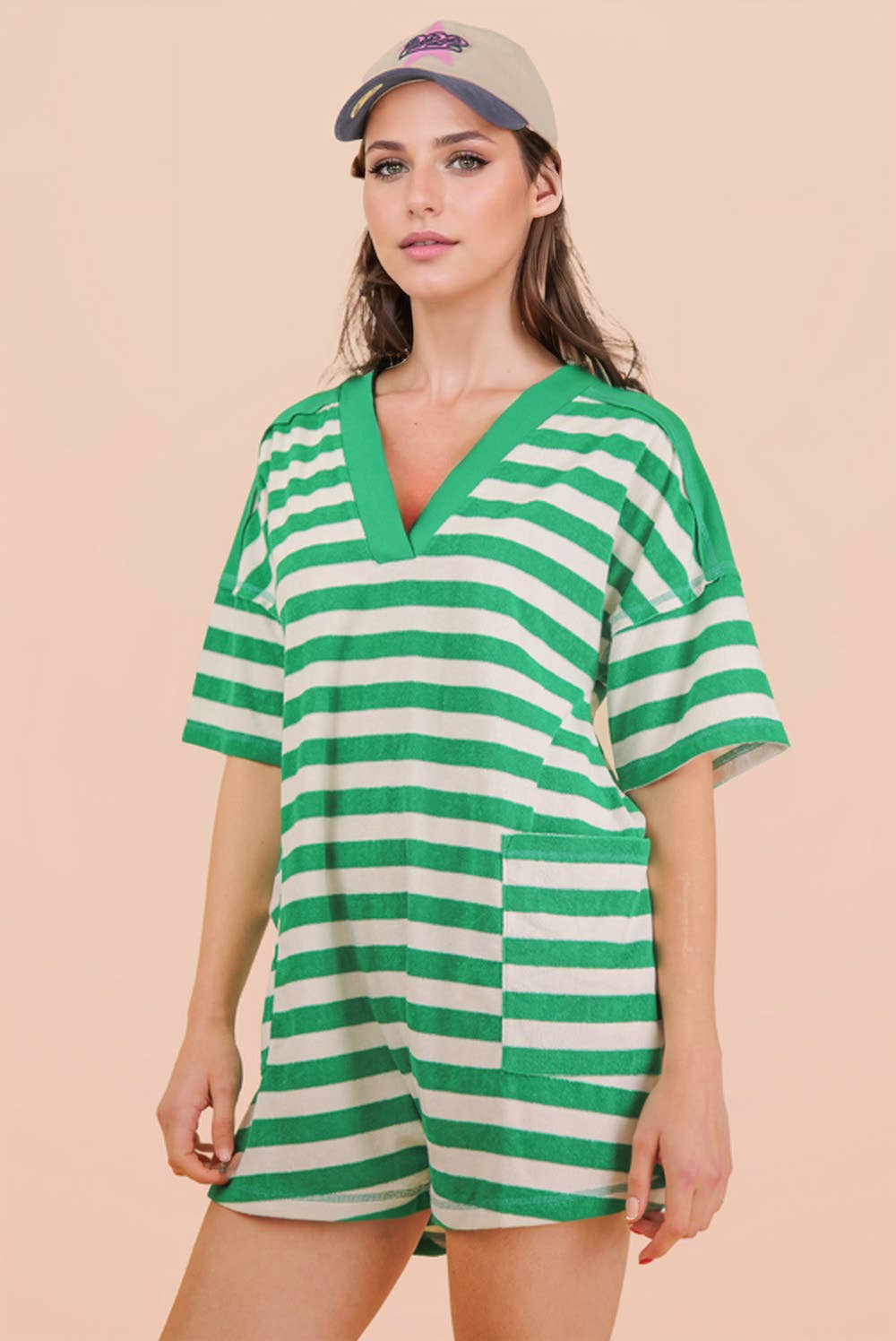 NP70994-Stripe Casual Knit Romper: LEMON/TAUPE / S-M-L/2-2-2