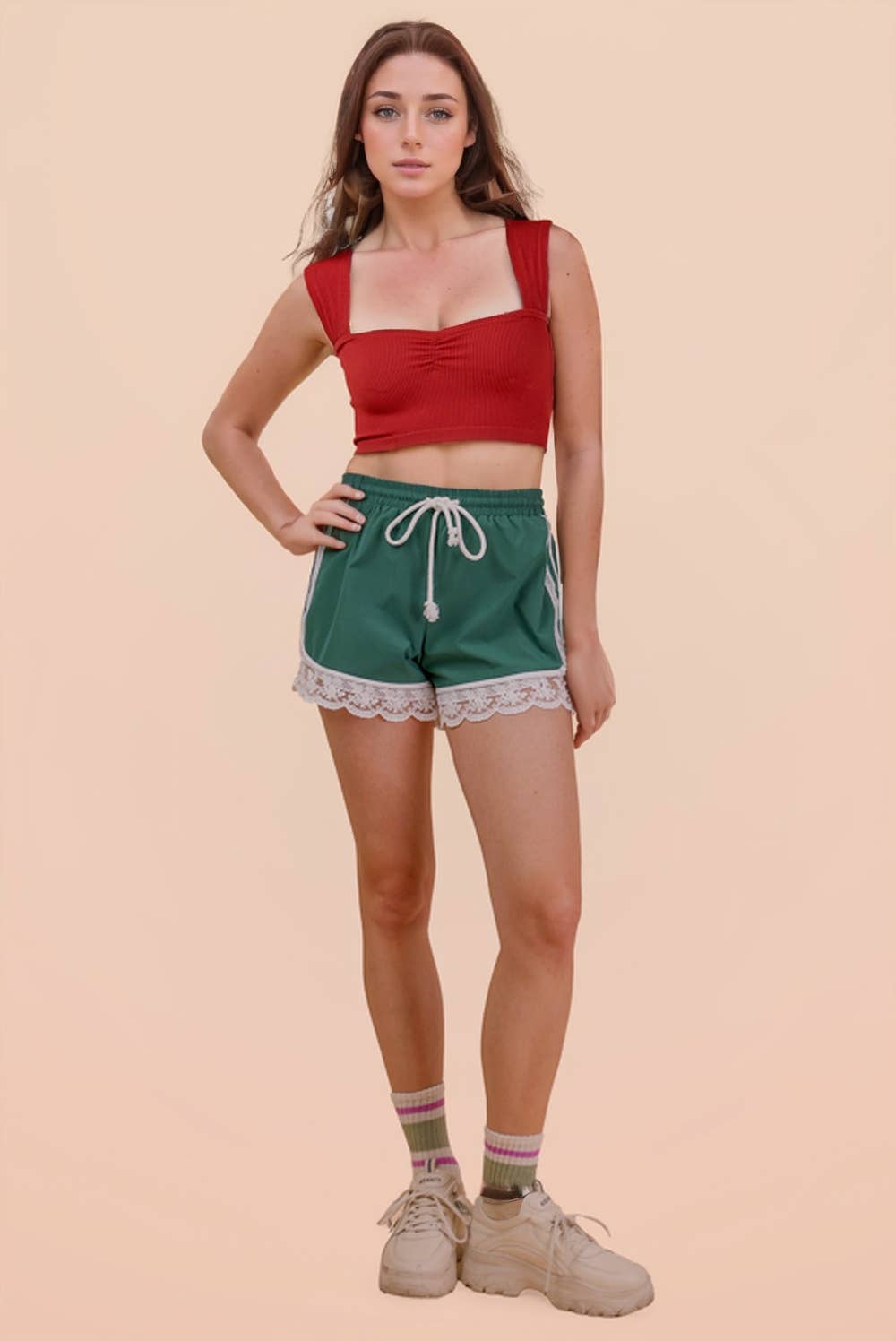 NP71048-Lace Trim Activewear Shorts: MOCHA / S-M-L/2-2-2
