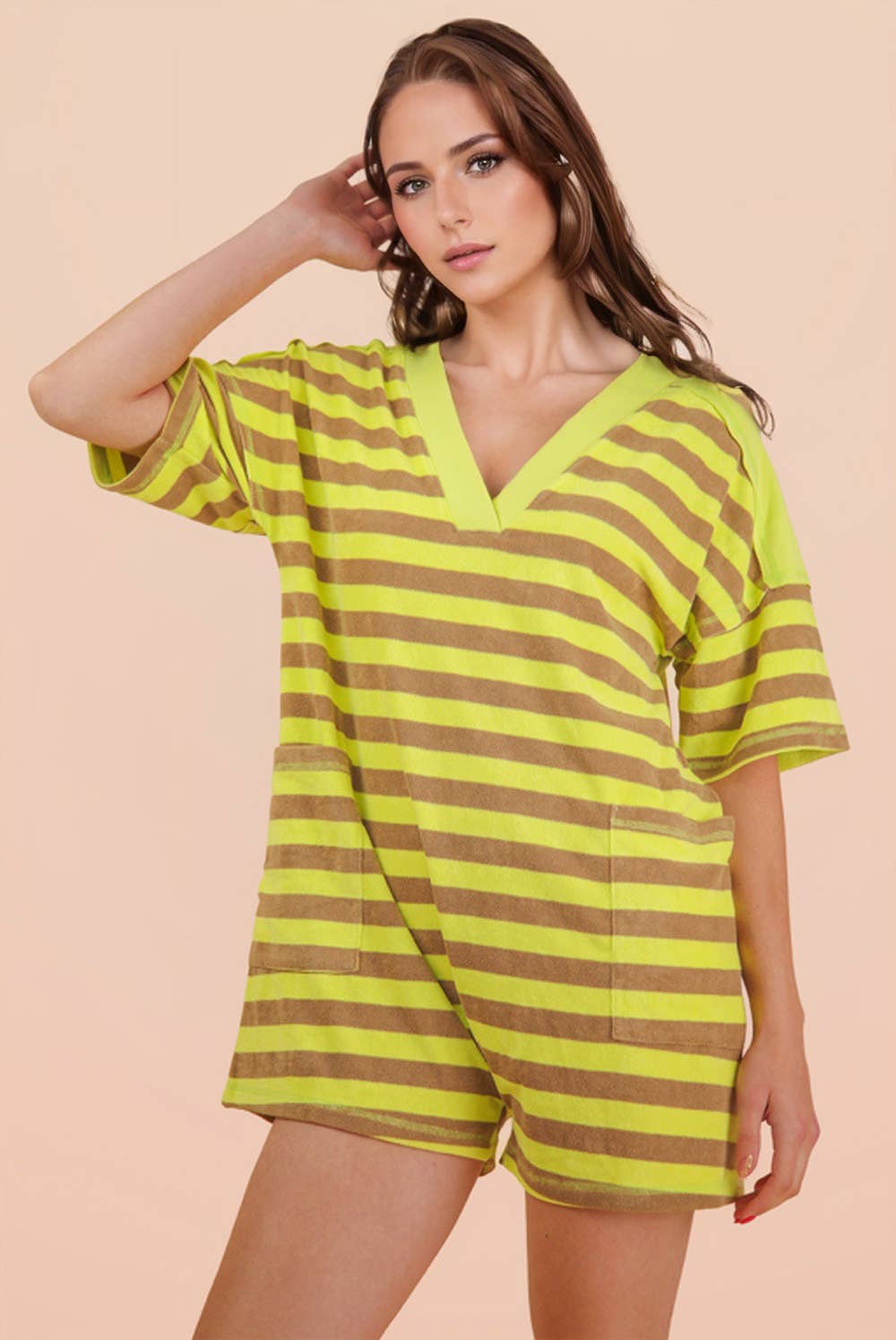 NP70994-Stripe Casual Knit Romper: LEMON/TAUPE / S-M-L/2-2-2