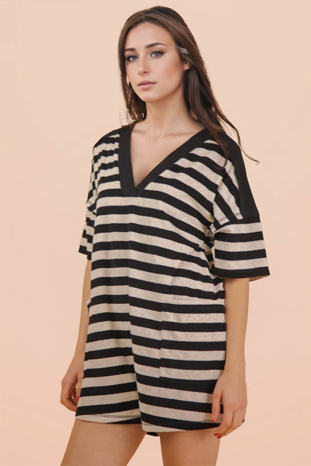 NP70994-Stripe Casual Knit Romper: LEMON/TAUPE / S-M-L/2-2-2