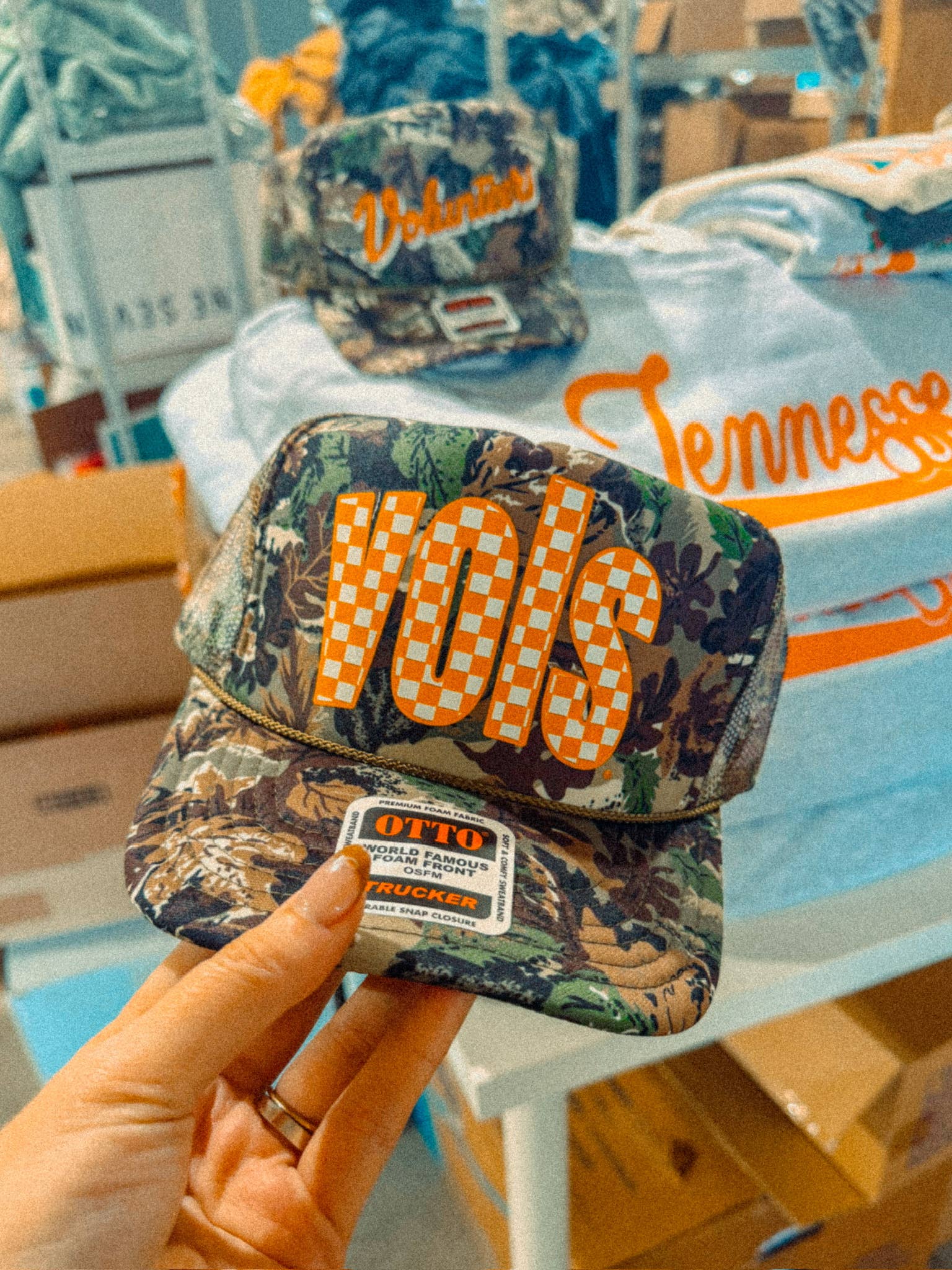 Vols Checkerboard, Tennessee Game Day Trucker Hat: Dark Green/Brown Camo