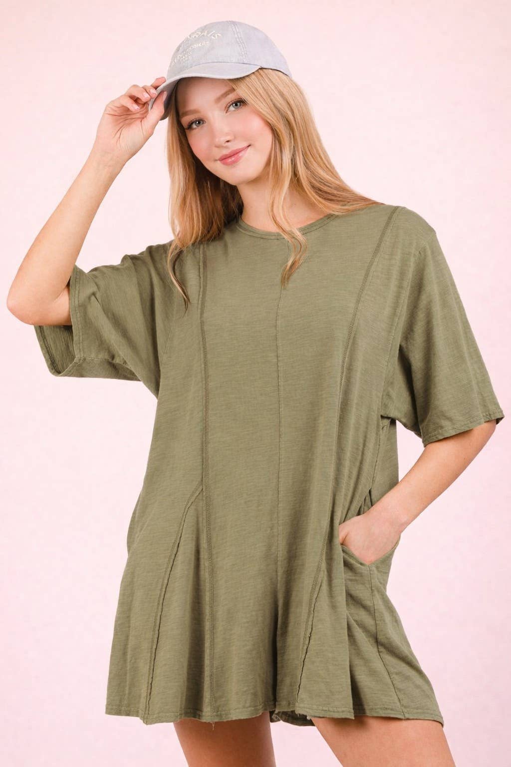 Mineral Washed Oversized Knit Comfy Romper: SAGE
