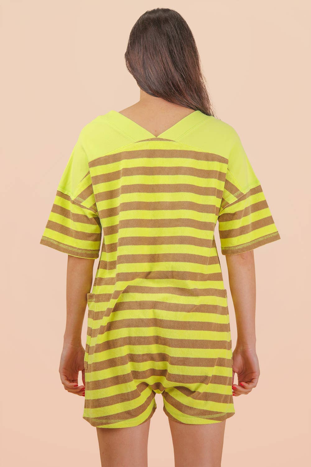 NP70994-Stripe Casual Knit Romper: LEMON/TAUPE / S-M-L/2-2-2