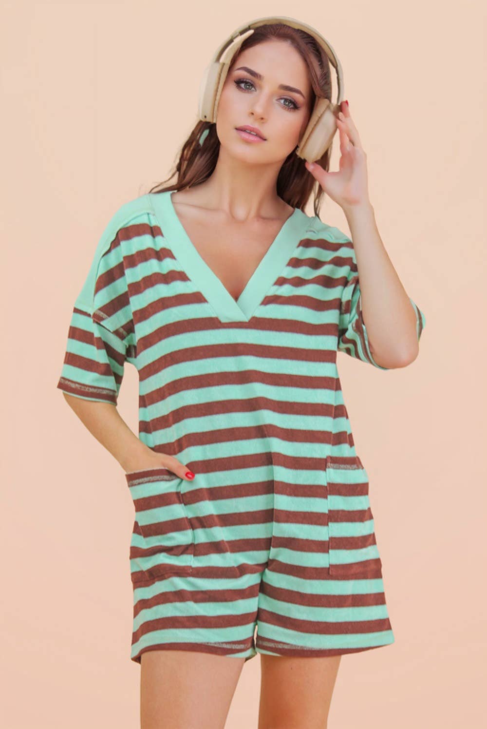 NP70994-Stripe Casual Knit Romper: LEMON/TAUPE / S-M-L/2-2-2