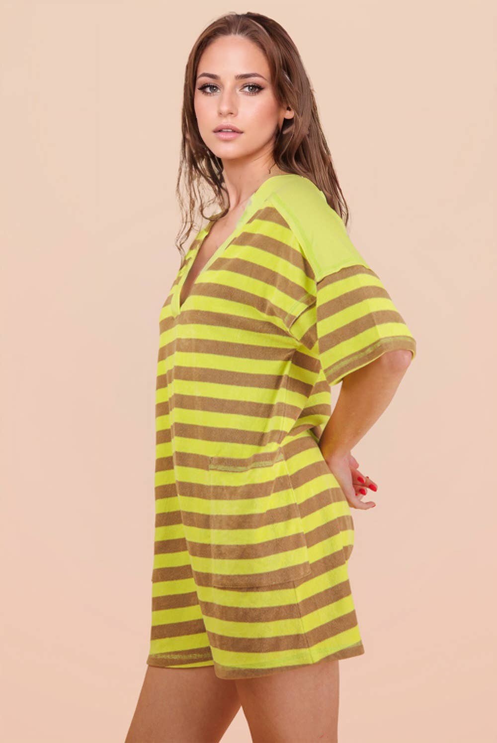 NP70994-Stripe Casual Knit Romper: LEMON/TAUPE / S-M-L/2-2-2