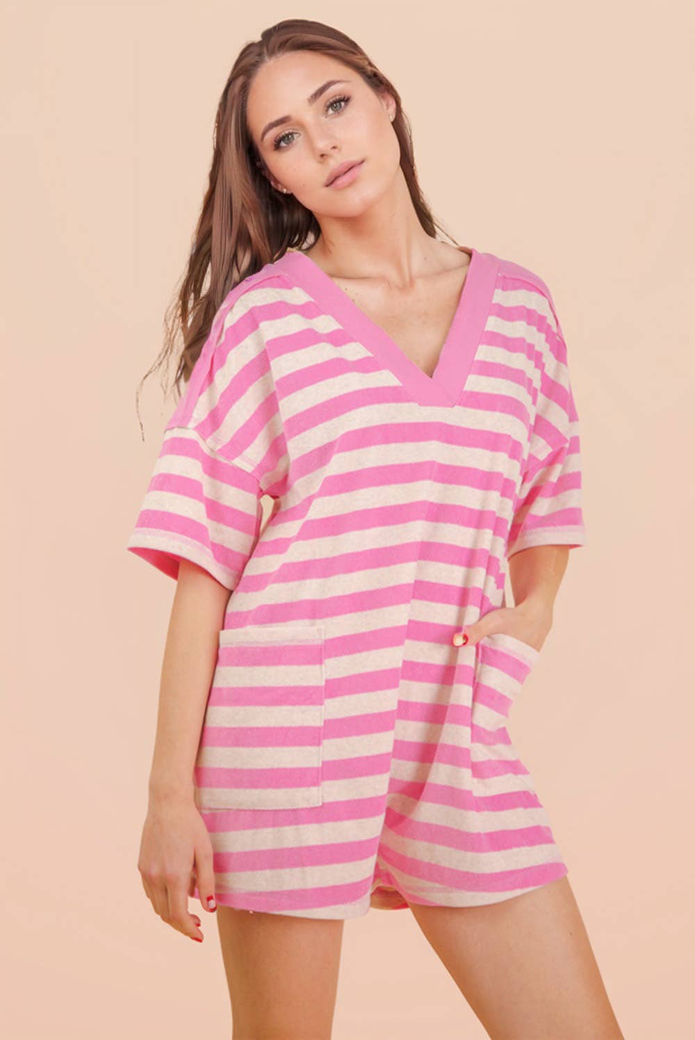 NP70994-Stripe Casual Knit Romper: LEMON/TAUPE / S-M-L/2-2-2