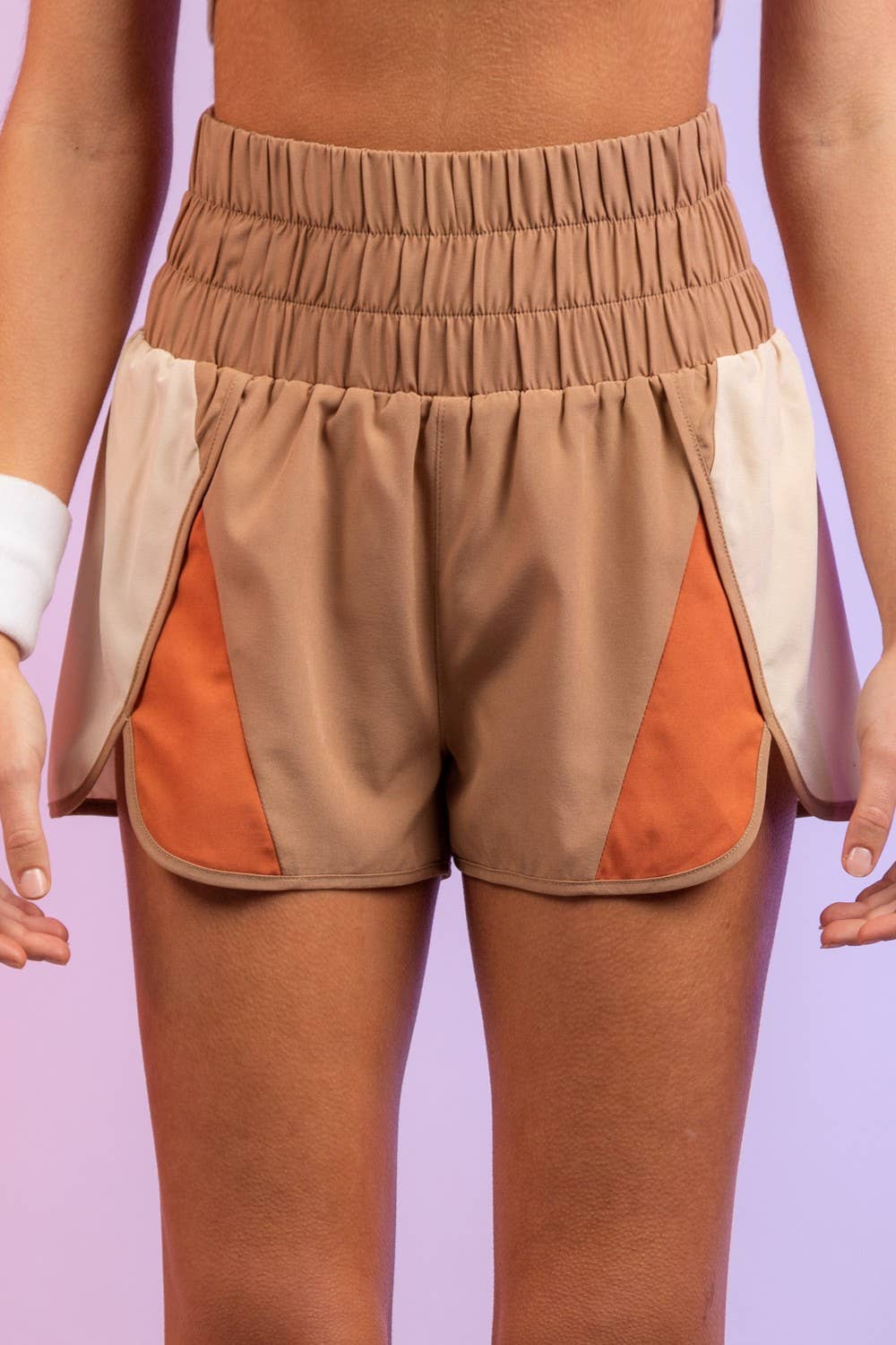 NP70066-Color-block activewear shorts: MOCHA / S-M-L/2-2-2