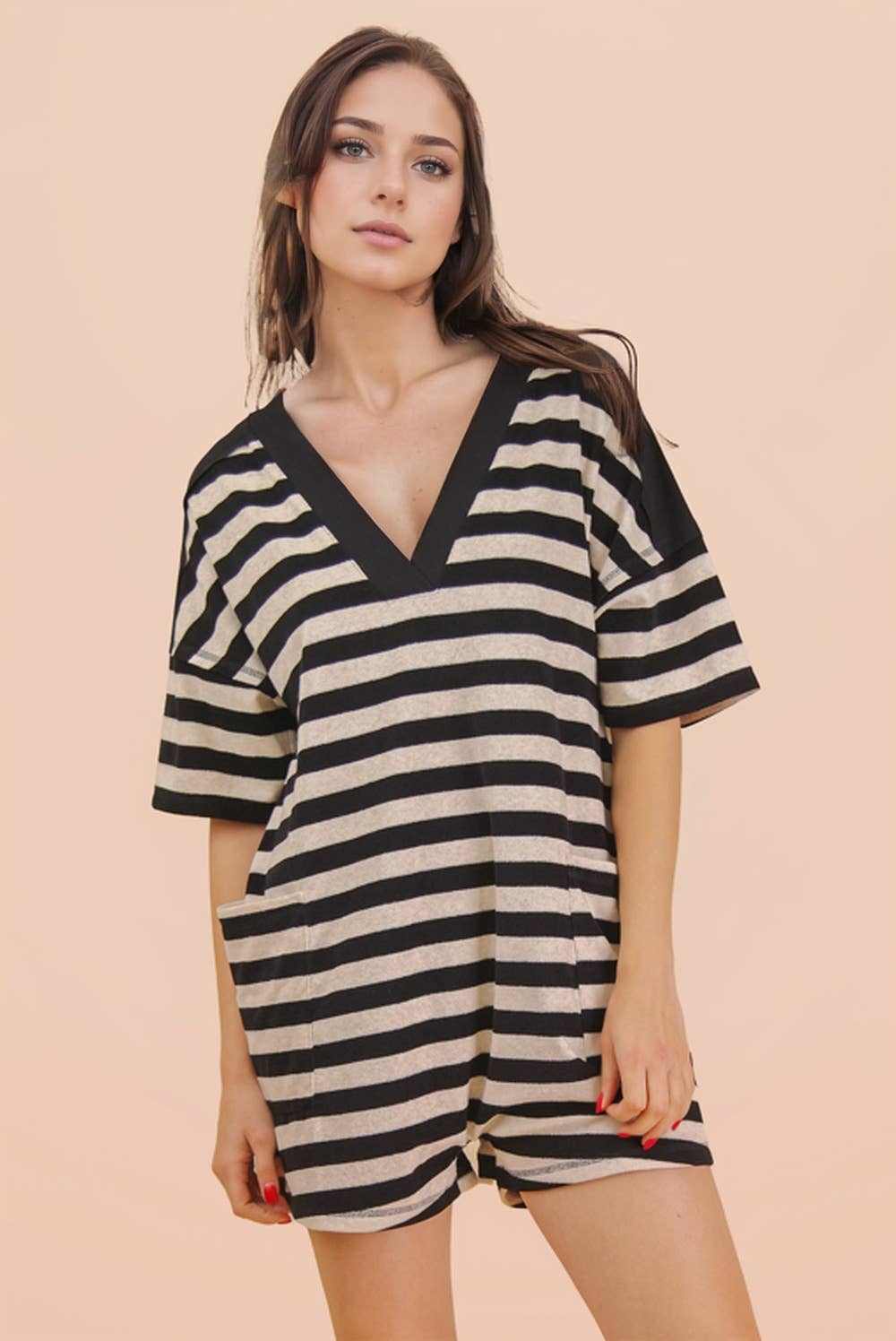 NP70994-Stripe Casual Knit Romper: LEMON/TAUPE / S-M-L/2-2-2