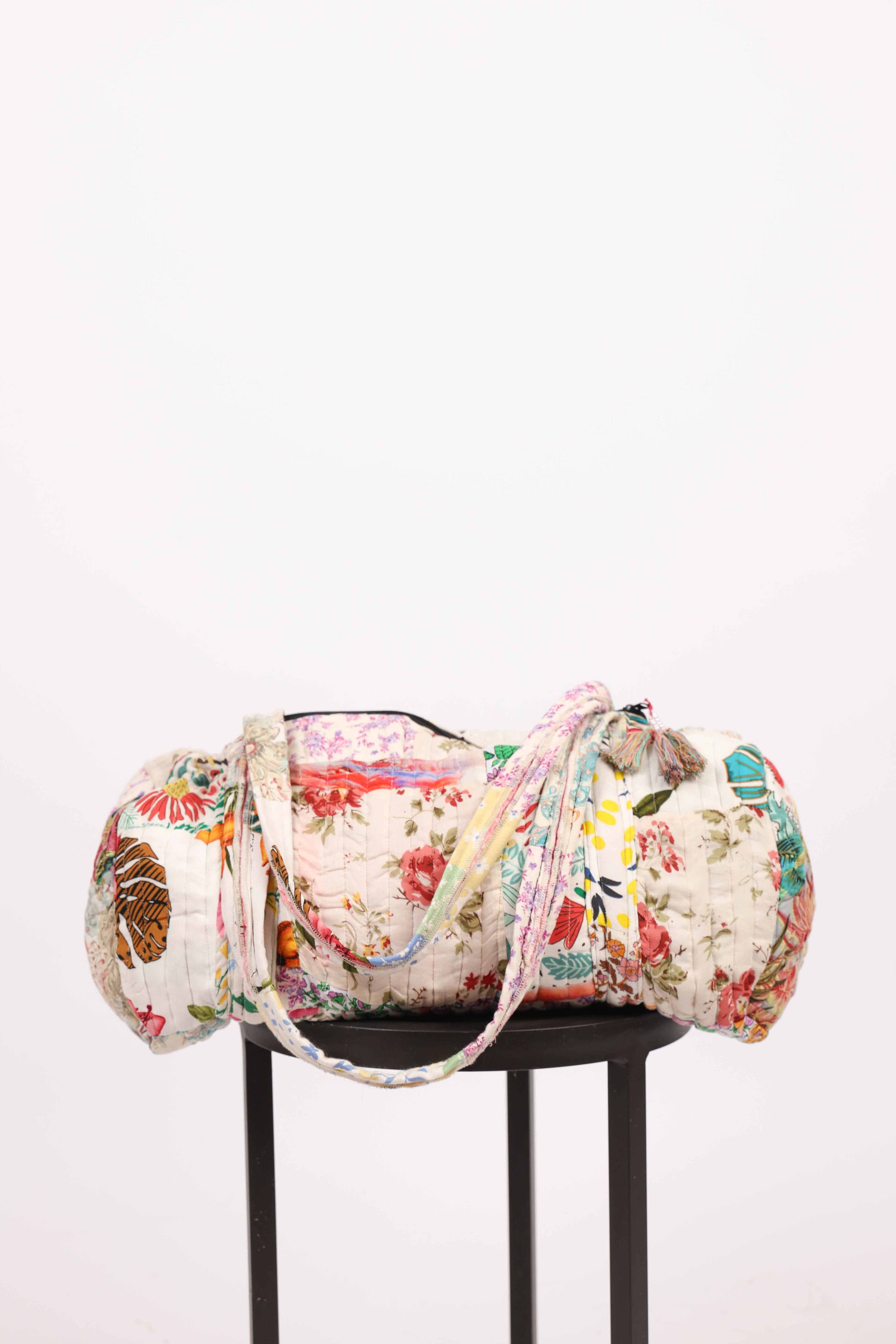 White Floral Upcycled Patchwork Duffel Bag: 1 / One Size