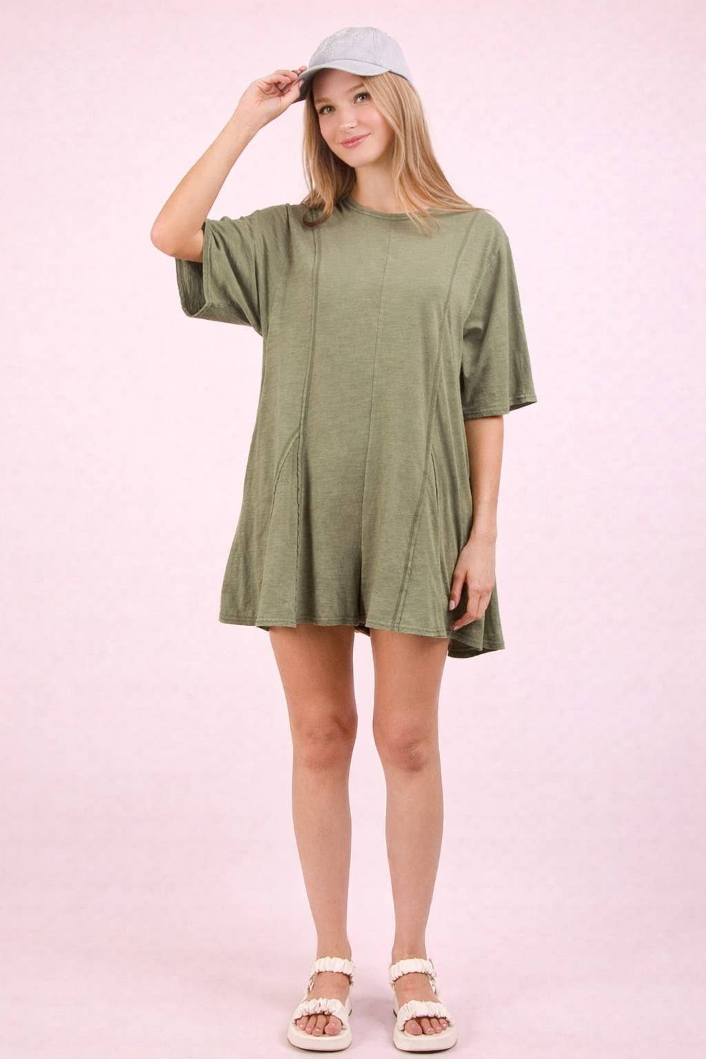 Mineral Washed Oversized Knit Comfy Romper: SAGE