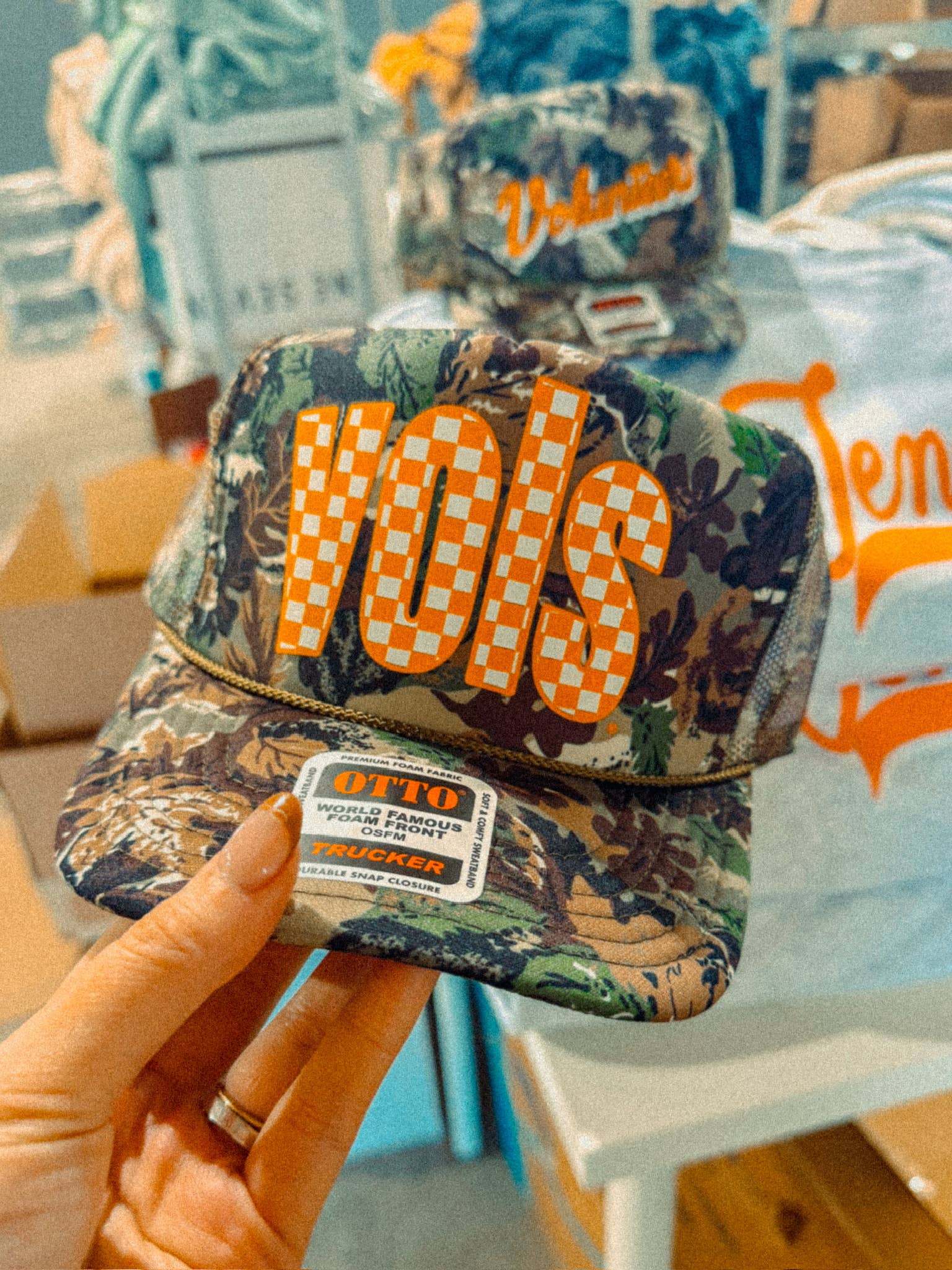 Vols Checkerboard, Tennessee Game Day Trucker Hat: Dark Green/Brown Camo