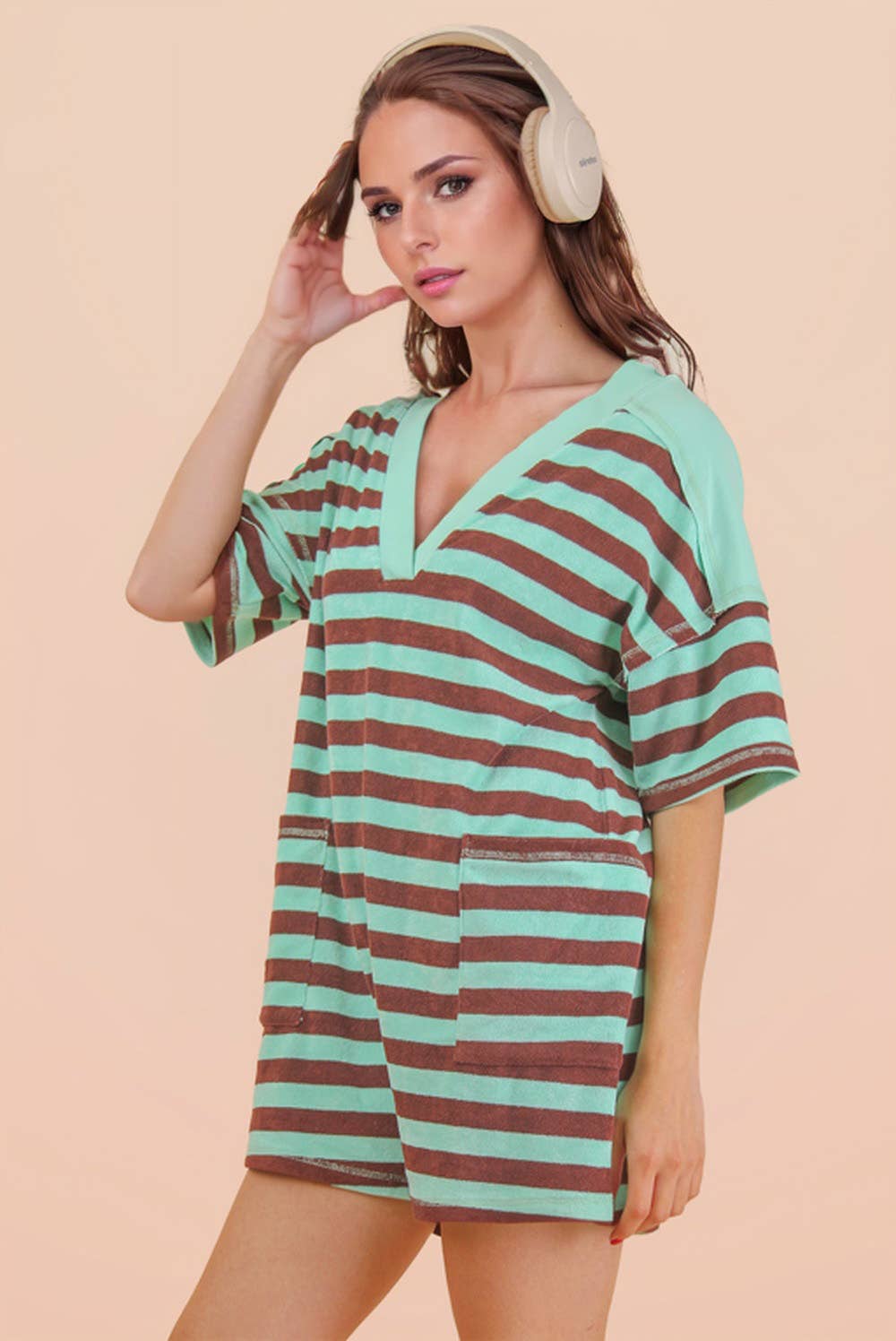 NP70994-Stripe Casual Knit Romper: LEMON/TAUPE / S-M-L/2-2-2