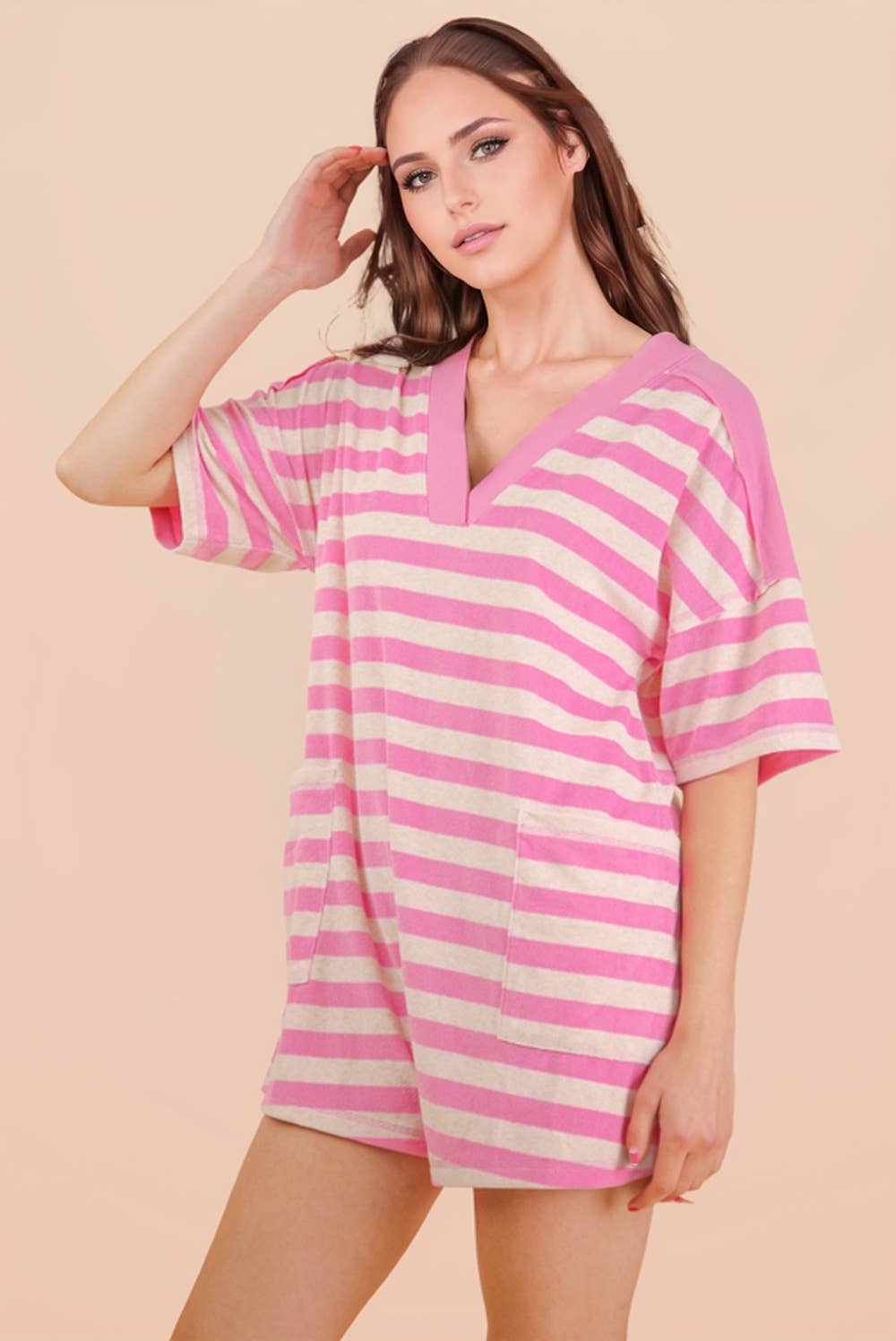 NP70994-Stripe Casual Knit Romper: LEMON/TAUPE / S-M-L/2-2-2
