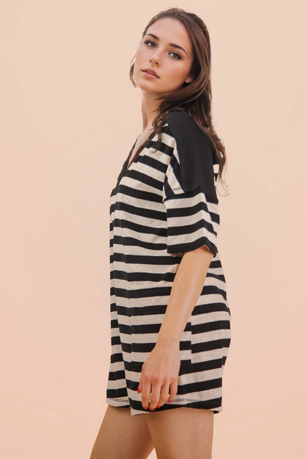NP70994-Stripe Casual Knit Romper: LEMON/TAUPE / S-M-L/2-2-2