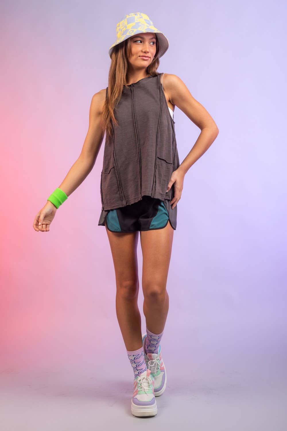 NP70066-Color-block activewear shorts: MOCHA / S-M-L/2-2-2