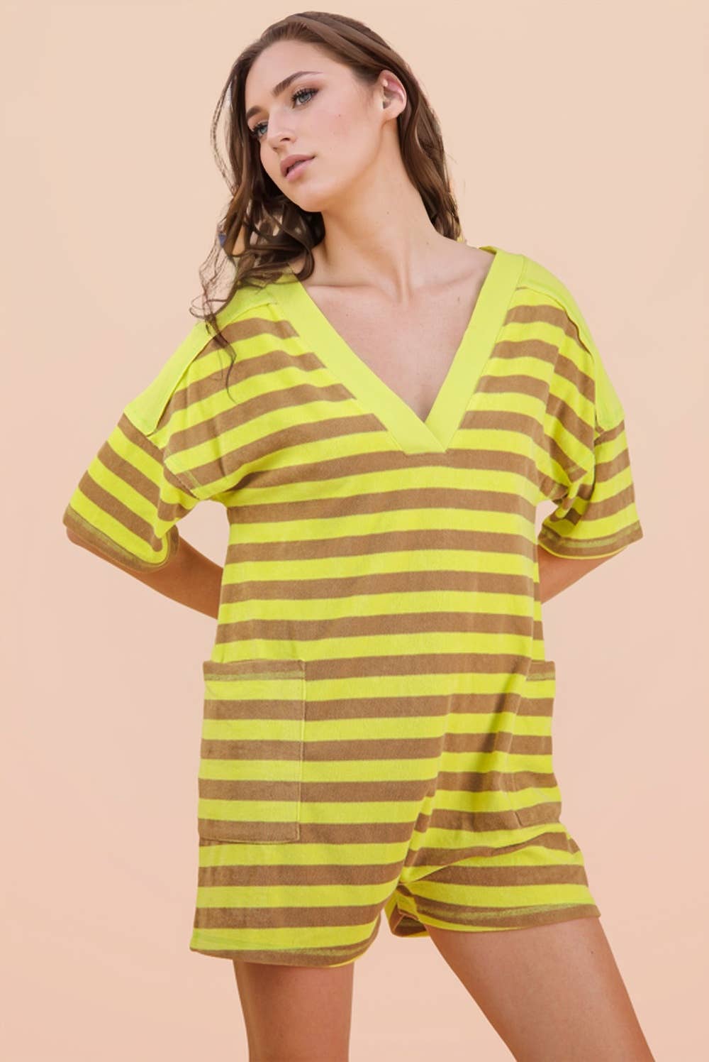 NP70994-Stripe Casual Knit Romper: LEMON/TAUPE / S-M-L/2-2-2