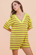 NP70994-Stripe Casual Knit Romper: LEMON/TAUPE / S-M-L/2-2-2