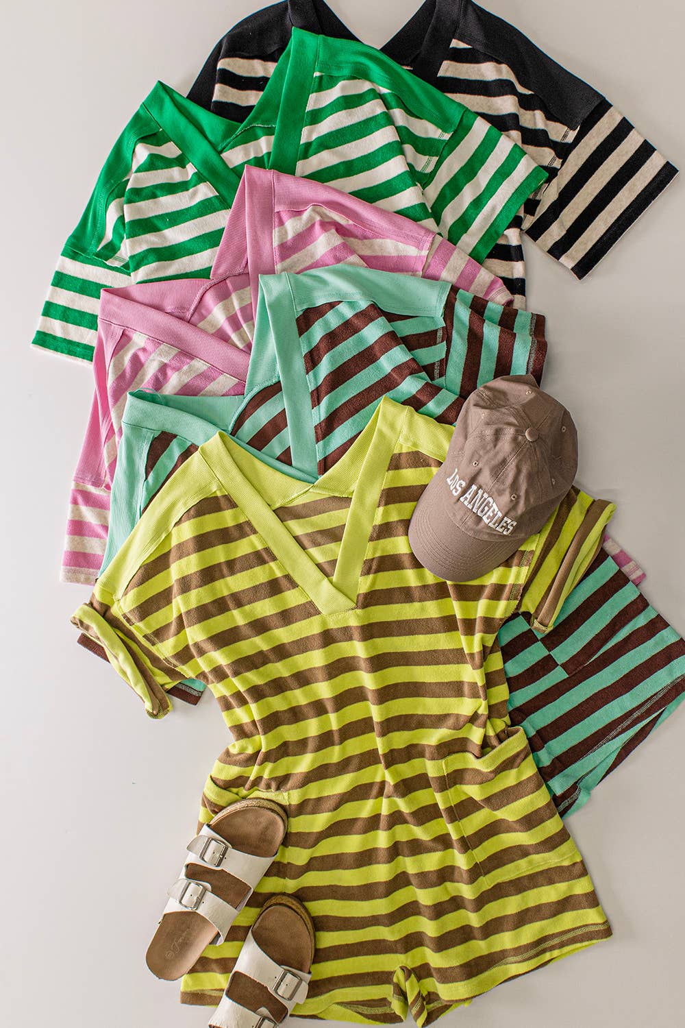 NP70994-Stripe Casual Knit Romper: LEMON/TAUPE / S-M-L/2-2-2
