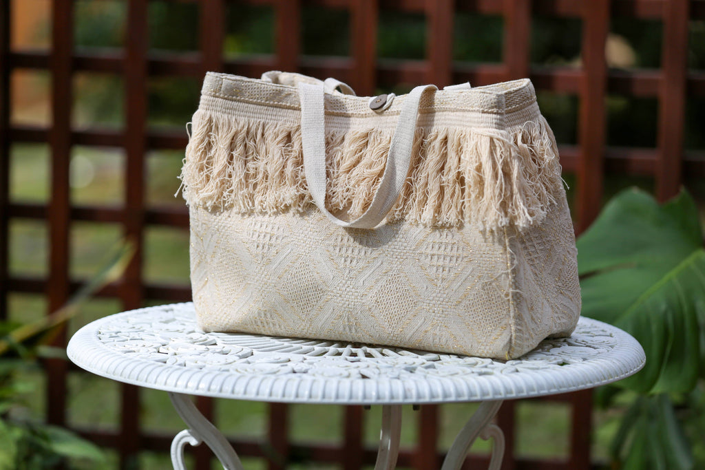 Beige Fringe Boho Tote Bag (Cotton Woven): 1 / One Size