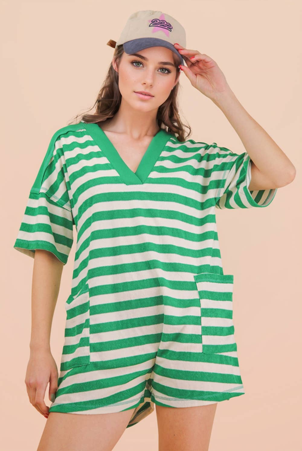 NP70994-Stripe Casual Knit Romper: LEMON/TAUPE / S-M-L/2-2-2