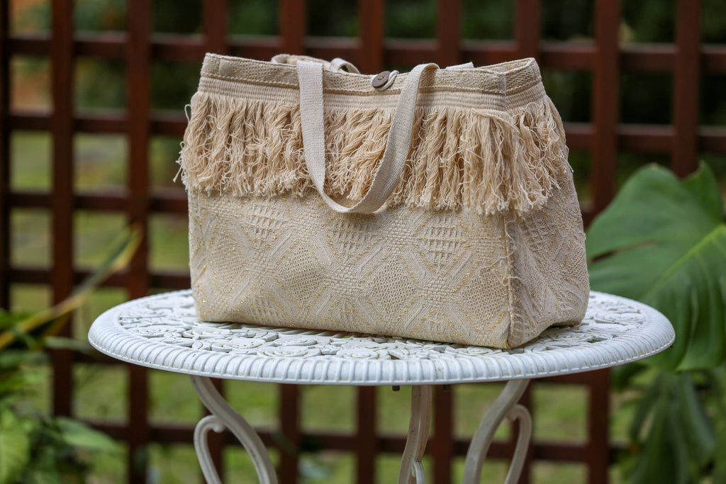 Beige Fringe Boho Tote Bag (Cotton Woven): 1 / One Size