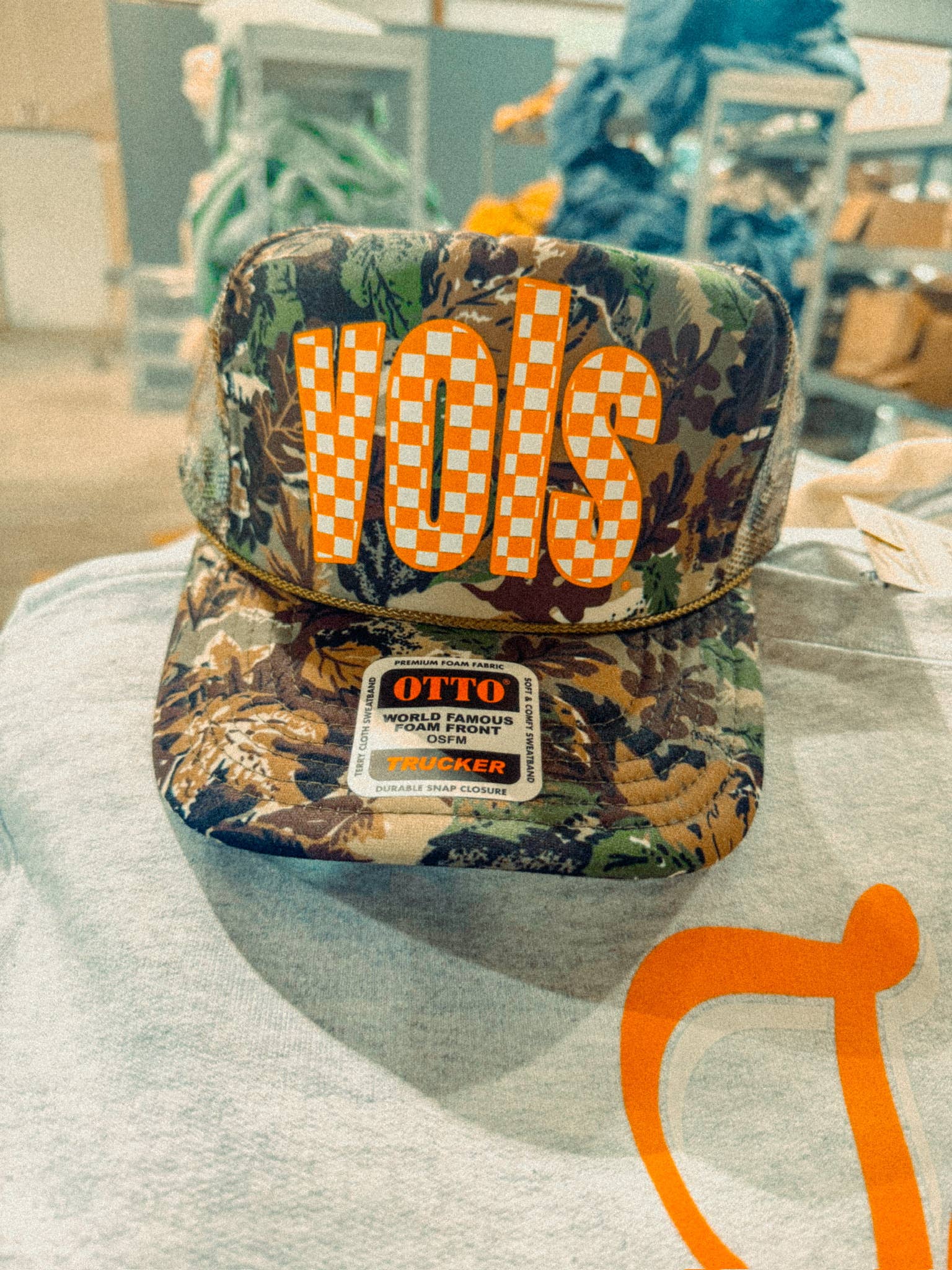 Vols Checkerboard, Tennessee Game Day Trucker Hat: Dark Green/Brown Camo