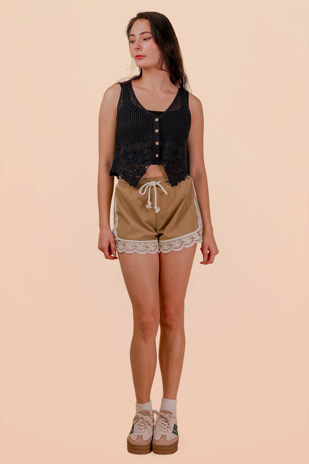 NP71048-Lace Trim Activewear Shorts: GREEN / S-M-L/2-2-2