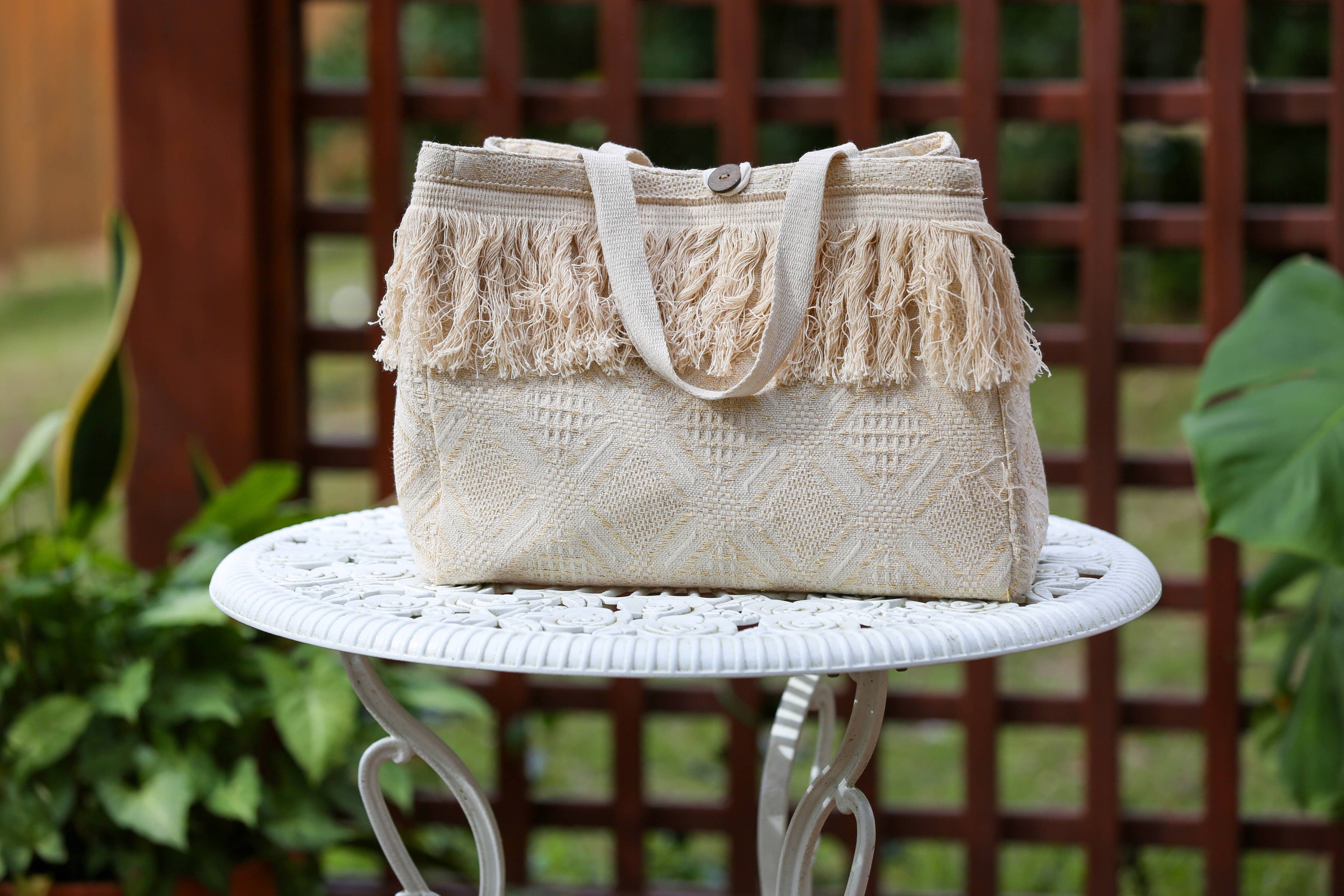 Beige Fringe Boho Tote Bag (Cotton Woven): 1 / One Size