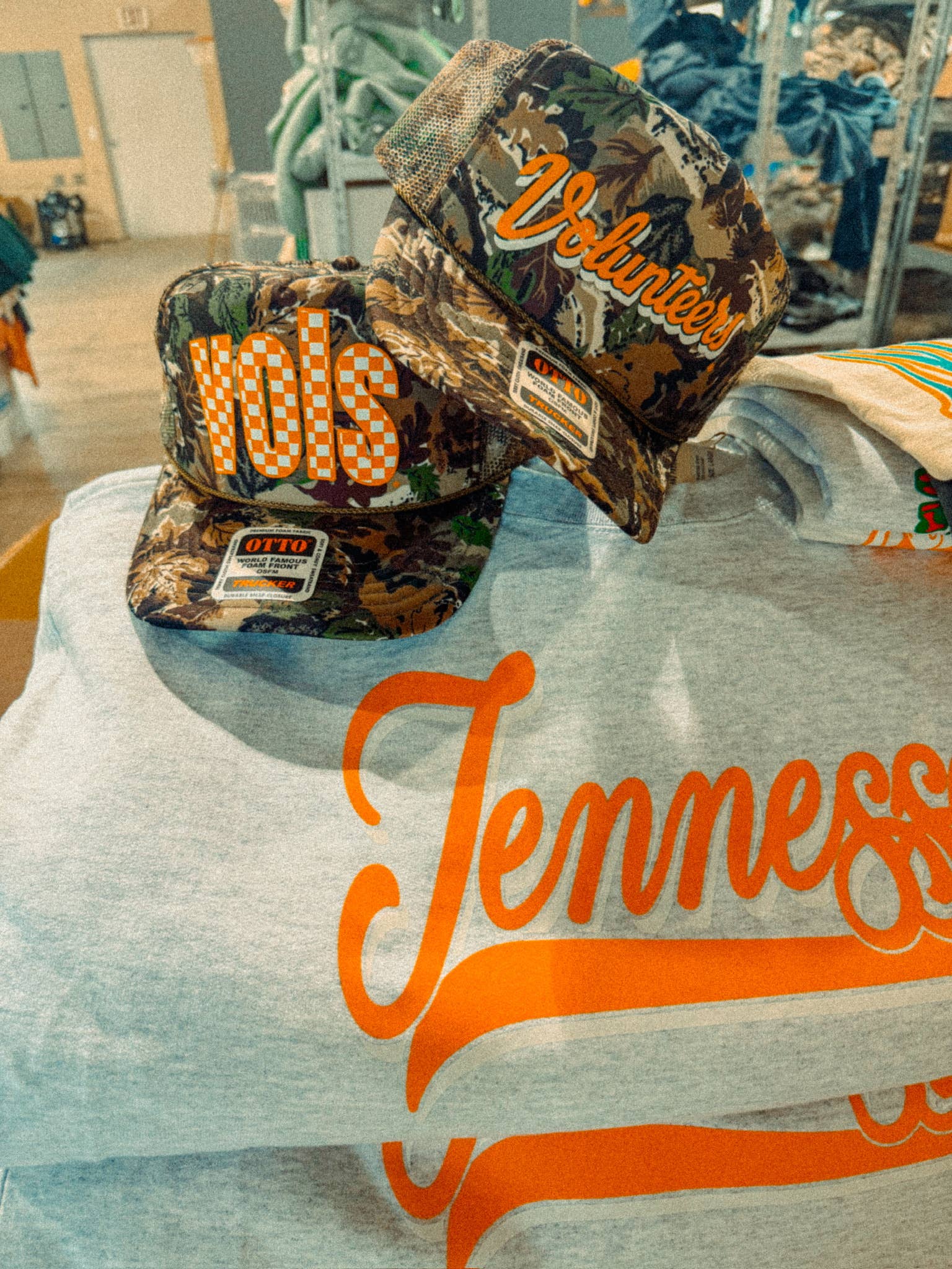 Vols Checkerboard, Tennessee Game Day Trucker Hat: Dark Green/Brown Camo