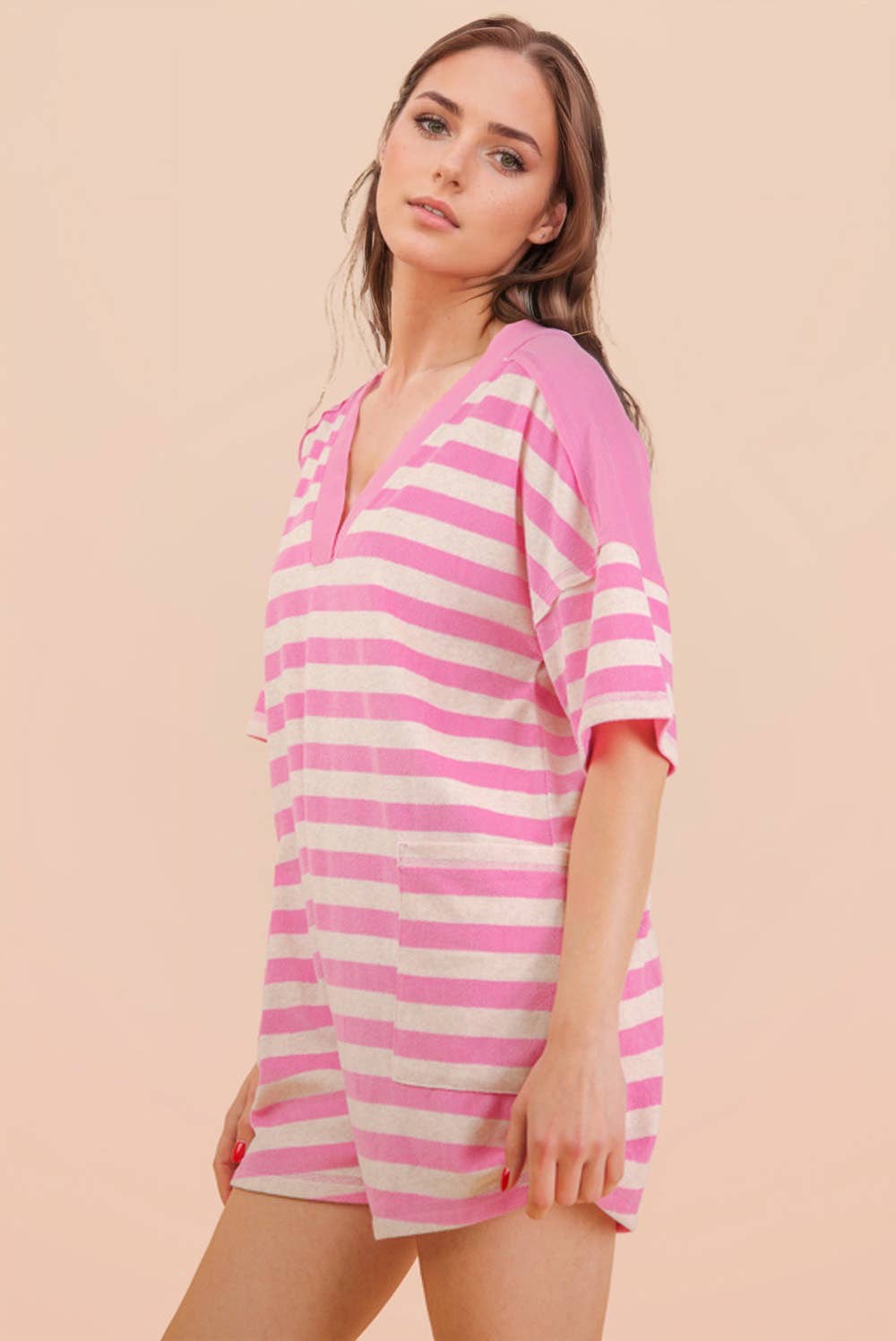 NP70994-Stripe Casual Knit Romper: LEMON/TAUPE / S-M-L/2-2-2